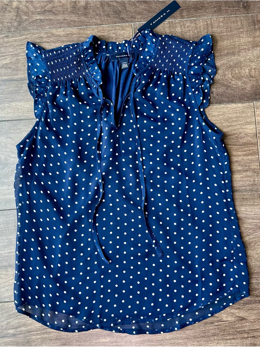 Tamara H. Navy Blue Polka Dot Ruffle Sleeve Flowy Blouse - NWT - Size XS